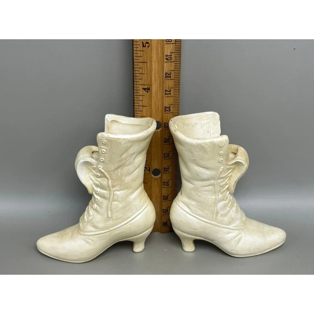 Vtg Victorian Ceramic Boot Wall Pocket Vases Cream Pearlized Pair 3.25